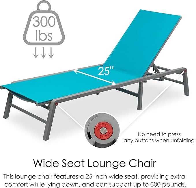 Kozyard Lounge Chair Outdoor Foldable Lounge Chair with 5 Adjustable Backrest Patio Lounger, Assemble-Free, Recliner and Full Flat Chairs for Patio Beach Pool (Aqua Textilence W/O Table)