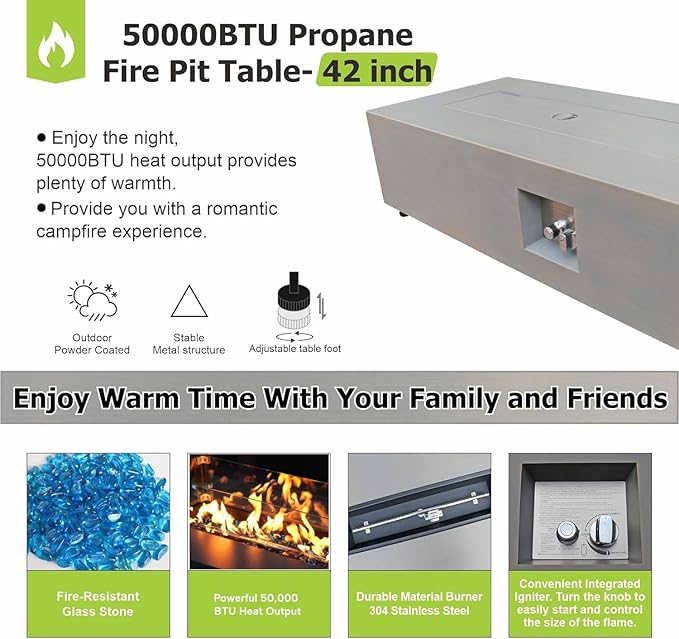 42" Rectangular Propane Fire Pit – 50,000 BTU Fire Table with Wind Guard Glass, Lid, Rocks and Cover – Backyard Fire Pits Outdoor – Propane Gas Fireplace for Deck or Patio (Grey, 42" Standard)