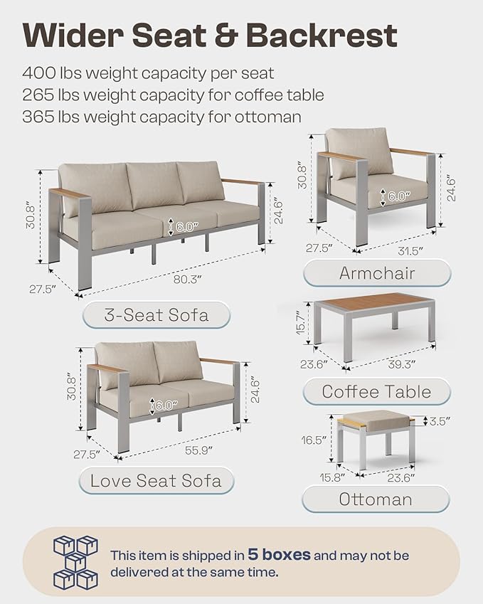 Aluminum Outdoor Patio Furniture Set with Coffee Table, 7 Piece Patio Conversation Sets with Thick Cushion, Ottomans, Patio Sectional Furniture Set for Porch, Balcony, Deck, Yard, Silver