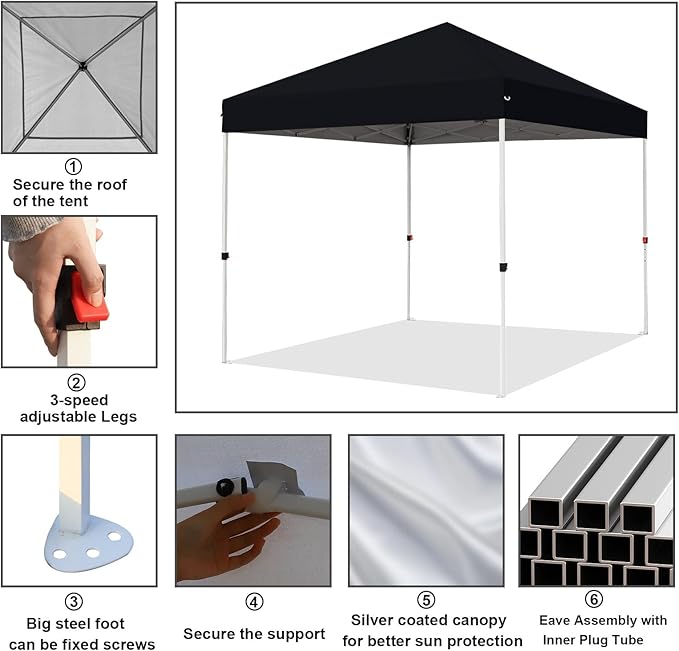 Northroad 8X8 FT Pop Up Canopy, Outdoor Instant Canopy Tent w/Carrying Bag, Portable Gazebo Shelter for Wedding Party,Commercial Event,Patio,Garden,Beach -Black