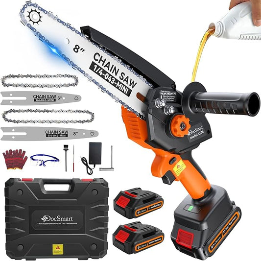 Mini Chainsaw Electric Cordless: 8 Inch & 6 Inch Brushless Chain Saw with 2 Pack Rechargeable Batteries, Battery Powered Handheld Saw for Trees Trimming Wood Cutting, Orange