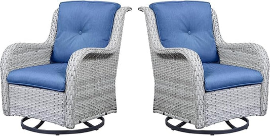 Belord Outdoor Swivel Rcoker Patio Chairs - Outdoor Swivel Patio Chairs Set of 2 Wicker Chair Patio Furniture Sets with Covered Cushion for Porch Deck Balcony Garden, Blue Cushion