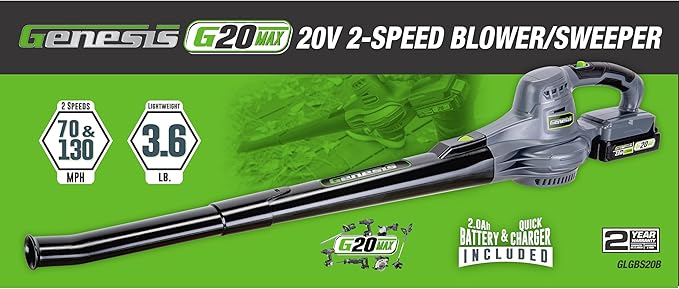 Genesis G20MAX Leaf Blower Cordless 20V Sweeper with Battery and Charger, 2 Speed(70/130 MPH) (GLGBS20B)