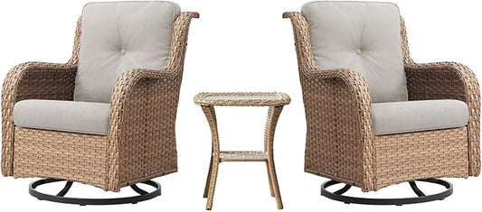 Belord Outdoor Swivel Rocker Patio Chairs - 360 Degree Swivel Glider Seating 350LBS Weight Capacity 3 Piece Wicker Rocking Chairs Set with Side Table for Porch Balcony Deck, Yellow/Beige