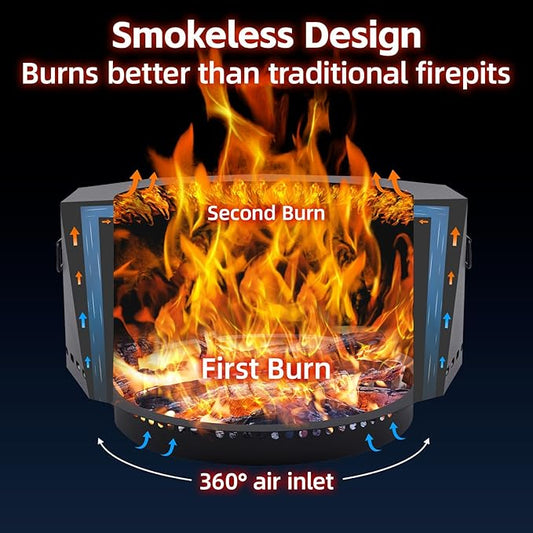Smokeless Firepit Outdoor-25 Inch Large Smokeless Fire Pits for Outside with Handles, Portable Low Smoke Metal Wood Stove for Camping, Patio, Backyard, Garden, Picnic-XL