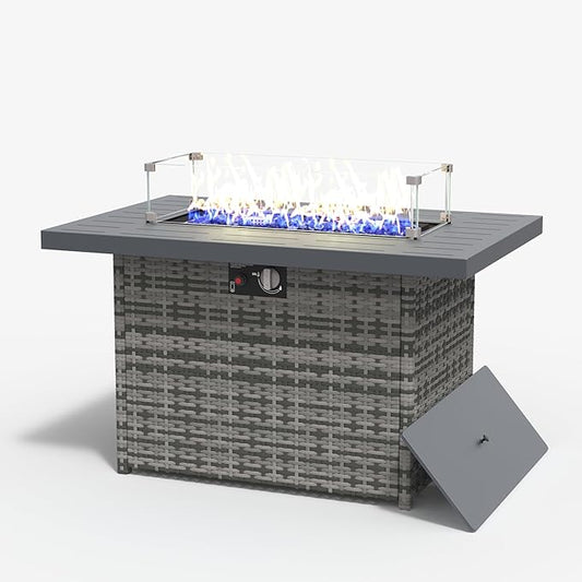 Rectangular Fire Pit Table, 44 inch Propane Gas Fire Pit with Glass Rocks, Wind Guard Glass Shield, Waterproof Cover for Outside Patio Backyard Deck Balcony