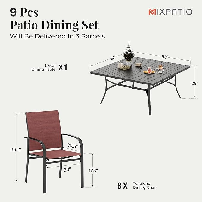 9 Pieces Patio Table and Chairs Set, Patio Dining Set for 8, 8 Red Textilene Chairs and 1 Large Square Patio Dining Table with Umbrella Hole, for Deck Backyard Lawn Poolside