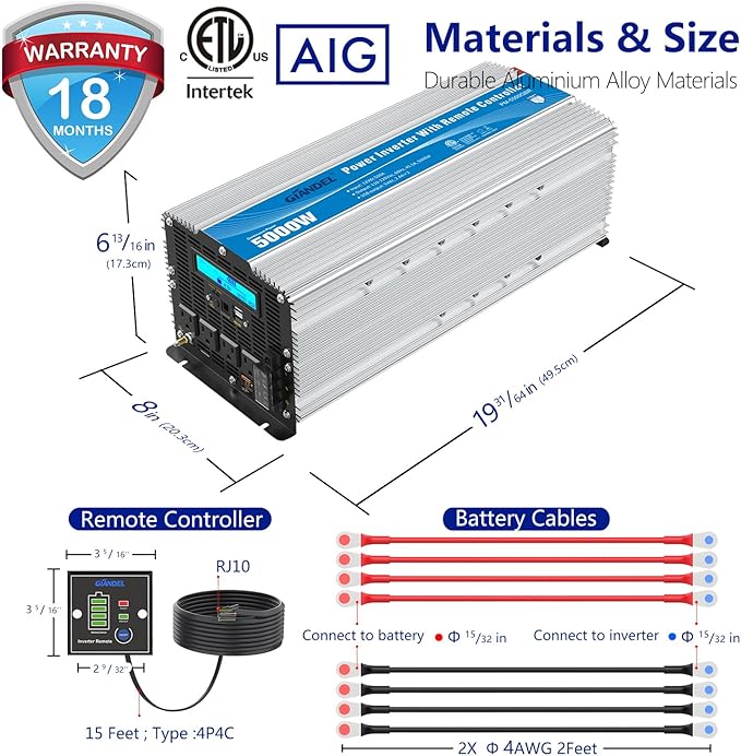 5000Watt Power Inverter ETL UL458 Listed Inverter 5000 W Converts 12V to 120 Vac with 40 Amps Hardwire Terminal and 4 AC Sockets Plus 30FT Wired Remote for Off Grid Solar System Truck RVs Emergency