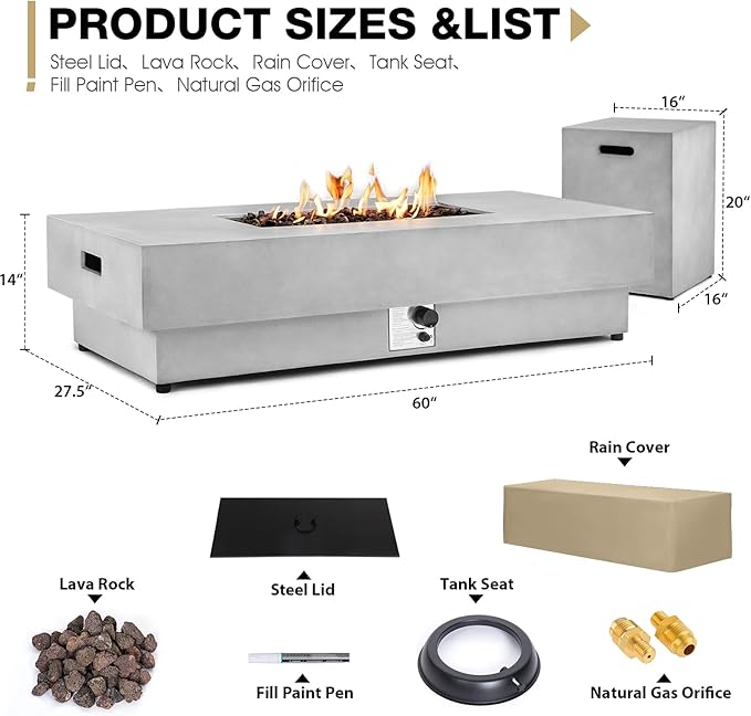 60inch Rectangle Fire Pit Table with Propane Tank Cover, 2-Piece Concrete Fire Table Outdoor 50,000 BTU Large Gas Firepits for Outside Patio with Steel Lid, Lava Rock, Rain Cover