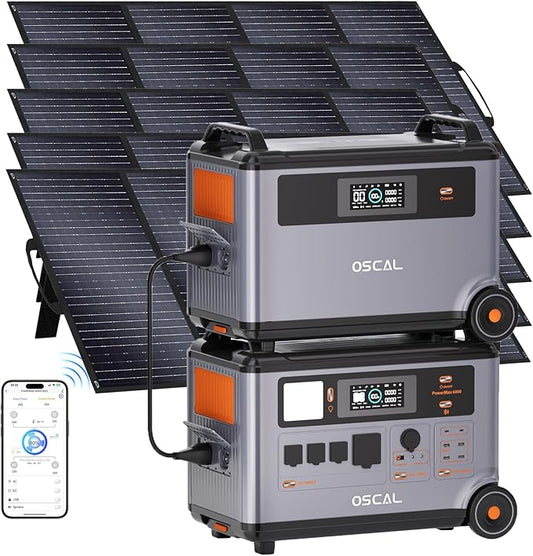 OSCAL 6000W(9000W Peak) Portable Solar Power Station with 5 * 400W Solar Panels, 3600Wh LiFePO4 Battery with 3600Wh Expansion Battery Pack, 2400W Solar Charging Generator for Camping, Home, Emergency