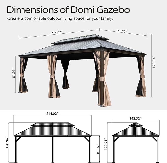 Domi 12x18FT Outdoor Gazebo, Hardtop Gazebo with Galvanized Steel Double Roof, Metal Gazebos with Drainage System Patio Pergola for Patio Deck Backyard,Curtain and Netting,Brown