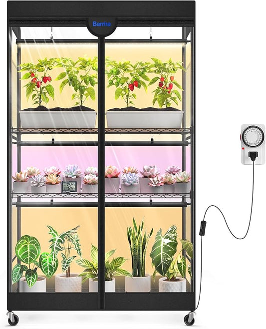 Barrina LP900 Mini Greenhouse with Grow Lights, 4-Tier Plant Stand with135W TX-S45 3FT 3 Dimmable Full Spectrum Lights , Plant Shelf with Tent Timer & Thermometer for Seed Trays 35.4 x 13.8 x 59.1IN