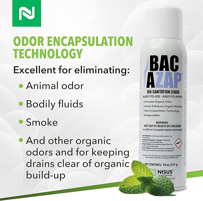Nisus Bac-Azap Odor Eliminator, Ready-to-Use Bio-Sanitization Liquid, Neutralizes Organic Waste Odors, Safe for Plumbing, 14 Oz