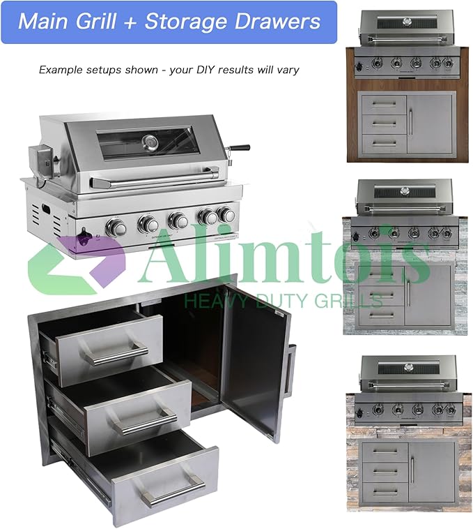 Built in Gas Grill Package: 32" 4-Burner Propane Gas Grill (60,000 BTU) + 26" Powerful Dual Rear Infrared Side Burner + Drop In Storage Drawers + insert Ice Bin + 6 Cooking Conversions