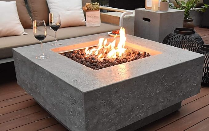 Elementi Manhattan Gas Fire Pit Cast Concrete Fire Table, Outdoor Fire Pit Electronic Ignition | Canvas Cover, Lava Rock Included | Free AMS Wind Guard | Light Gray (Propane Gas)