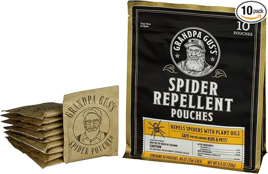 Grandpa Gus's Natural Spider Repellent Pouches, Spider Deterrent with Peppermint and Lemongrass Oil, Indoor Pest Control for Closet, Basement, Cabin, Shed, RV & Garage, 8.8 oz Each (10 Pouches)
