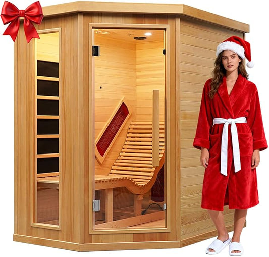 Smartmak Far Infrared Wood Sauna, 1 or 2 Person Full Spectrum Red Light Therapy Luxury Recliner Home Corner Sauna, Indoor Hemlock Dry Spa, 2300W with 8 Heaters, Speakers, Lamp, Oxygen Bar, US Instock