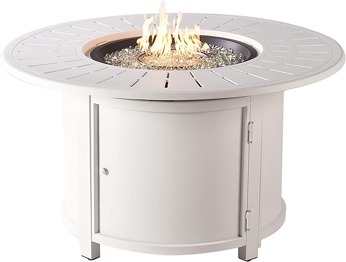 Oakland Living Round 44 in. x 44 in. Aluminum Propane Fire Pit Table with Glass Beads, Two Covers, Lid, 57,000 BTUs in White Finish
