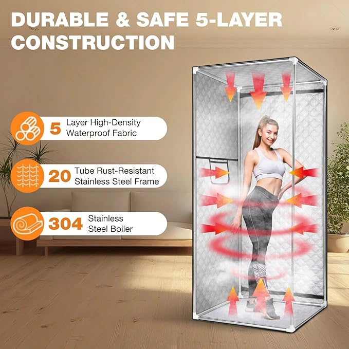 Portable Sauna Box for Home, Personal Steam Sauna Tent with 3L 1200 Watt Steamer, Remote Control and Fodable Chair, for Steam Detox Relaxation Spa, Indoor & Outdoor, 9 Levels, 2.6’ x 2.6’ x 6.1’