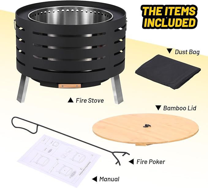 26 Inch Smokeless Fire Pit, Large Outdoor Wood Burning Firepit with Removable Ash Pan & Waterproof Cover, Fire Poker, Lid, Portable Fire Pits for Outdoor Patio, Bonfire, Camping, Backyard
