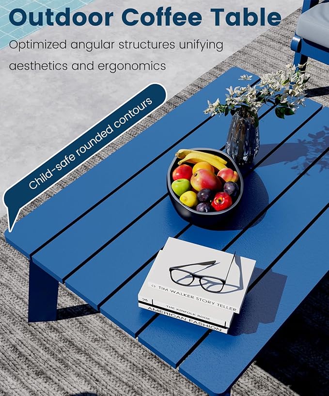 FOOWIN 4-Piece Patio Furniture Set, HDPE All-Weather Outdoor Conversation Set with Thick Cushions, Sectional Patio Sofa Furniture for Deck, Porch, Lawn, Garden, Navy Blue Frame & White Cushion