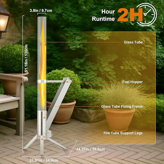 Outdor Wood Pellet Patio Heater with Ash Tray, Pellet Fire Tube, Ideal for Camping, Campfire Party, Outdoor Dining, Patio, Backyard, Beach, Bring Happiness to Your Life (Silver)