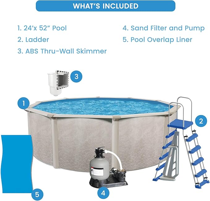 Aquarian Steel Outdoor Above Ground Pool Kit with Pool Liner, Skimmer, Pool Ladder, and Sand Filtration System and Pump, 24'