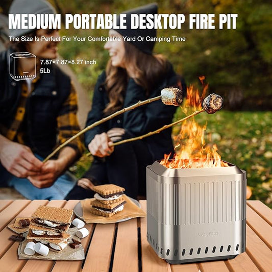 Tabletop Fire Pit Smokeless, 8.27" Stainless Steel Firepits for Outside, with Travel Bag, Fueled by Pellets, Wood, Portable Outdoor Low Smoke Stove for Camping