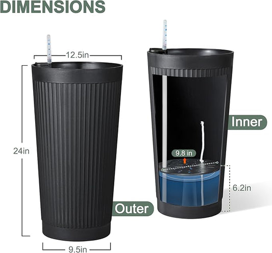 Self Watering Tall Planters for Outdoor Plants, 24” Set of 2 Large Flower Pots with Drainage Hole, Modern Plastic Black Planter for Indoor, Patio, Balcony (Ribbed)