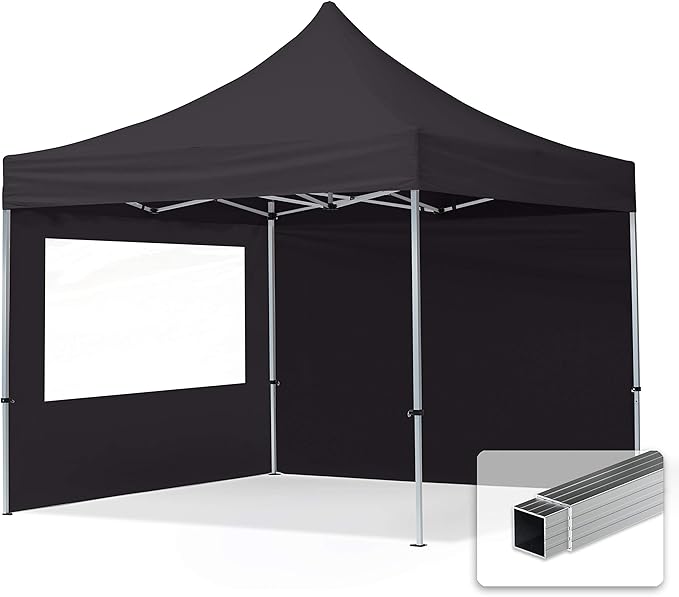 TOOLPORT 10x10 ft PES 700 Pop up Canopy Tent Economy Aluminium 1.3 in., incl. 2 Sidewalls with Panorama Windows, Black
