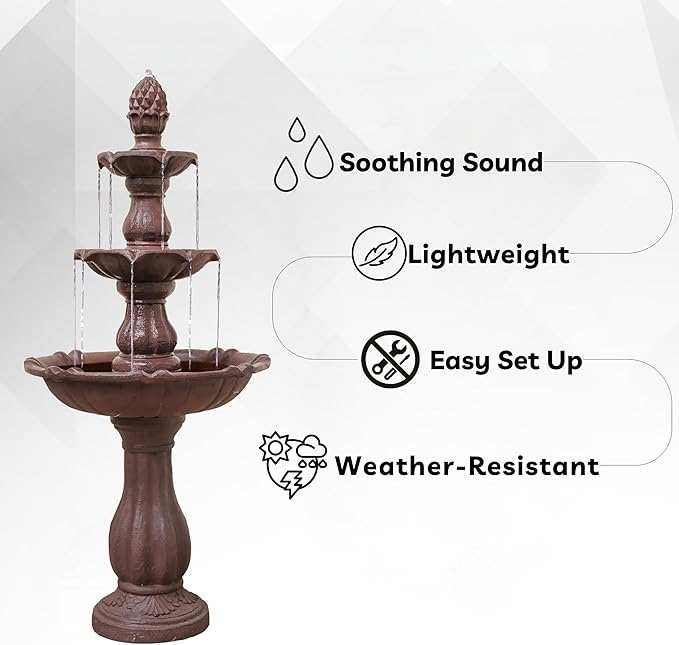 XBrand Outdoor Water Fountain 51 inch 3-Tier Garden Fountain with Pump, Weather Resistant Resin Patio & Yard Waterfall Feature - Brown