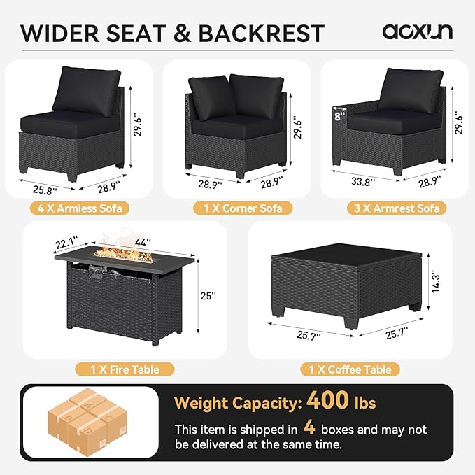 Aoxun Patio Furniture Sets with 44'' Fire Pit, 10 Pcs Outdoor Patio Coversation Set with 4'' Thicken Cushion, Widen Armrests Wicker Outdoor Sectional for Backyard (Waterproof Cover Include)