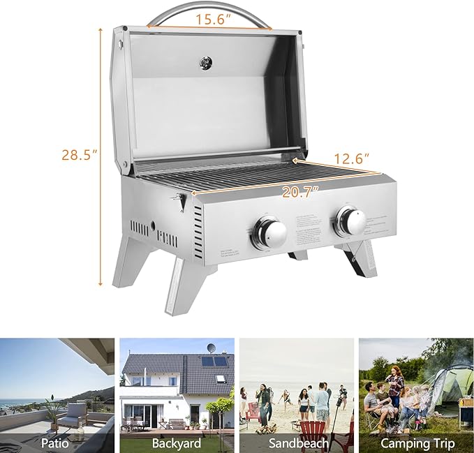 ROVSUN 20,000 BTU Portable Gas Grill, Large 2 Burner Tabletop Propane Grill with Foldable Legs, Regulator & Full Stainless Steel for Outdoor Picnic Camping Trip Tailgating Patio Garden BBQ Home Use