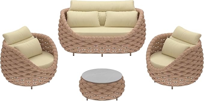 TWT Aluminum Outdoor Patio Furniture Set with Coffee Table, 6 Piece Patio Conversation Sets with Washable Cushions Covers, Patio Sectional Furniture Set for Porch, Balcony, Deck, Yard, Light Brown