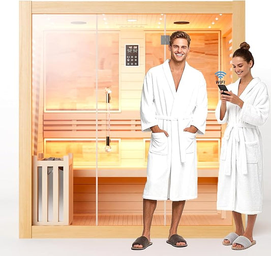 Smartmak Wood Home Steam Sauna, WiFi Control 4 Person Canadian Hemlock Traditional Luxurious Wooden Indoor Spa Room, with 6 kw Heater, Speaker, Rocks, Water Bucket, Spoon, Sky Lights