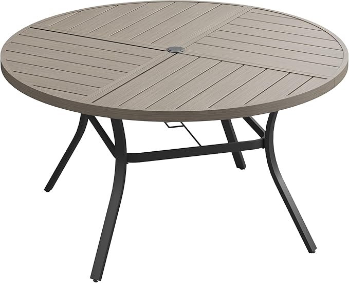 VICLLAX Round Patio Dining Table, 6-8 Person Metal Outdoor Dining Table with Umbrella Hole and Storage Shelf for Garden Lawn Deck, 53" Grey