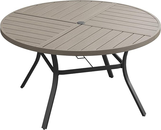 VICLLAX Round Patio Dining Table, 6-8 Person Metal Outdoor Dining Table with Umbrella Hole and Storage Shelf for Garden Lawn Deck, 53" Grey