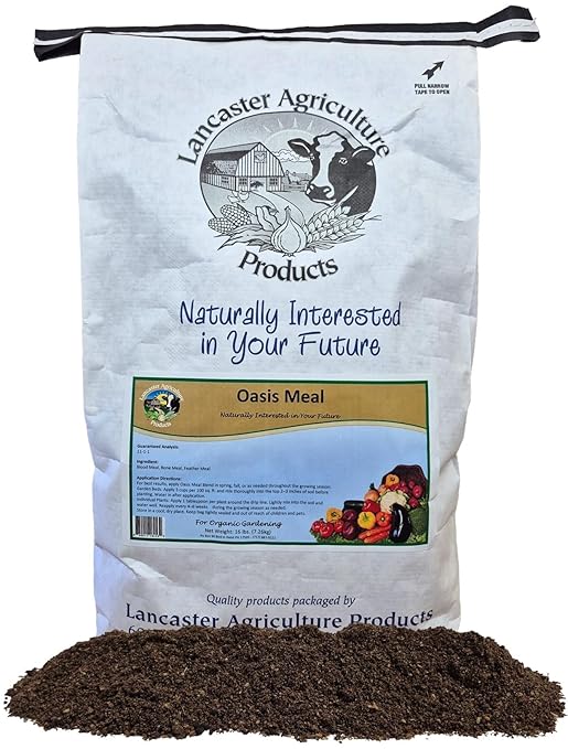 Oasis Meal 16 pounds Organic Nitrogen Fertilizer | Natural Blend of Feather, Bone & Blood Meal Mix for Vegetables, Trees, Shrubs & Gardens- Lancaster Agriculture Products