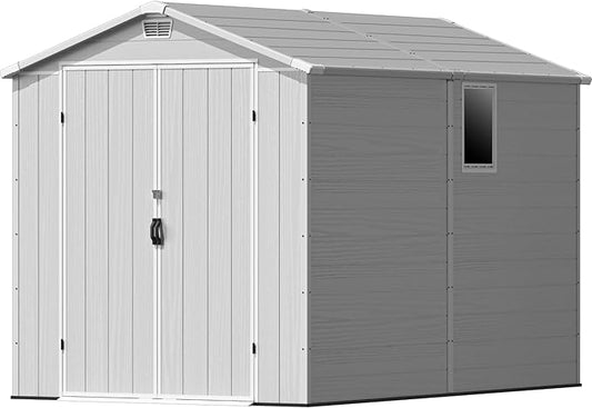Devoko 6x10 FT Plastic Outdoor Storage Shed - Lockable Resin Tool Shed with Window & Floor - Easy Assembly for Garden, Backyard, Light Gray