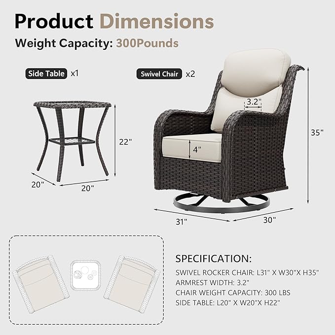 Patio Swivel Chairs Set of 4 and Side Table, Outdoor Swivel Rocker Patio Chairs with High Back and Thick Cushions, Wicker Patio Furniture Set for Porch, Deck Use (Beige, 6 PCS)