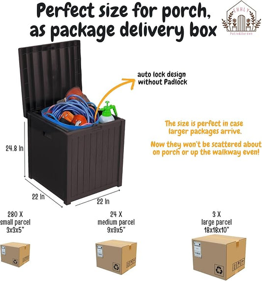Deck Box, 51 Gallon Front Porch Package Bin Delivery Box for Outside, Small Patio Outdoor Storage Boxes Waterproof, UV Resistant Plastic Resin Pool Storage Bins with lids, Brown
