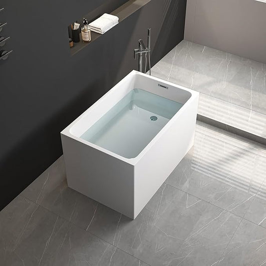 43-Inch Acrylic Freestanding Bathtub with Seat, Rectangular Soaking Tub Spacious, Gloss White Finish, Chrome Slotted Overflow and Pop-Up Drain