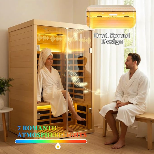 Infrared Sauna 2 Person, Low EMF (0-5) Far Home Sauna with 7 Heaters, 1780W/120V Red Light Indoor Sauna Room with APP Control, 7 Color Light, Blue-Tooth, LCD, LED Reading Light, Hemlock Wood