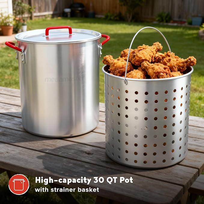 Megamaster 30QT Turkey Fryer and 10QT Fish Fryer Kit, Aluminum Fryer Steamer Kit with Basket and 50,000 BTU Burner, Outdoor Deep Fryer with 10 PSI Regulator for Turkey, Fish, Seafood - 840-45014
