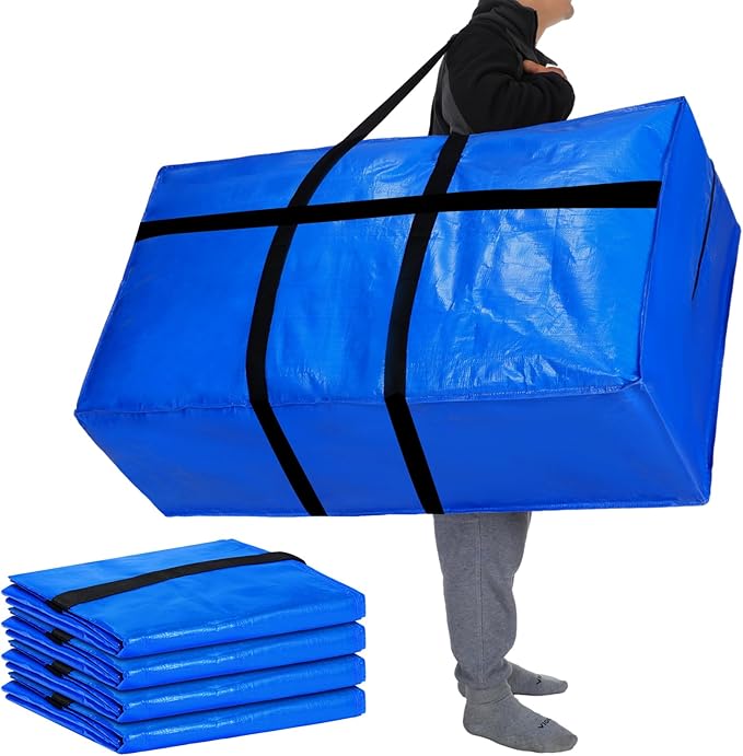 Windyun 4 Pack 75 Gallon Extra Large Storage Bags XXL Moving Bags with Zipper Handles Heavy Duty Jumbo Big Tote Box for Christmas Tree Storage 4, 5, 7.5, 9, 10, 12 ft Skeleton College Dorm(Blue)