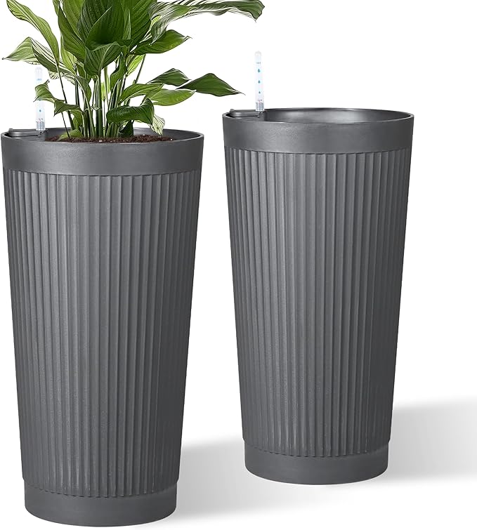 24" Tall Self Watering Planters for Indoor Plants, 2 Pack Large Plastic Outdoor Planter Pots with Built-In Water Reservoir and Level Indicator, Decorative Modern Flower Pots for Home & Patio (Grey)