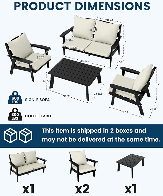 FOOWIN 4-Piece Patio Furniture Set, HDPE All-Weather Outdoor Conversation Set with Thick Cushions, Sectional Patio Sofa Furniture for Deck, Porch, Lawn, Garden, Black Frame & White Cushion