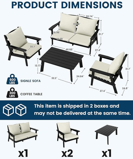 FOOWIN 4-Piece Patio Furniture Set, HDPE All-Weather Outdoor Conversation Set with Thick Cushions, Sectional Patio Sofa Furniture for Deck, Porch, Lawn, Garden, Black Frame & White Cushion