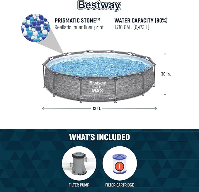 Bestway Steel Pro MAX 12' x 30" Round Above Ground Swimming Pool Set Outdoor Metal Frame Family Pool with Liner and Filter Pump, Gray