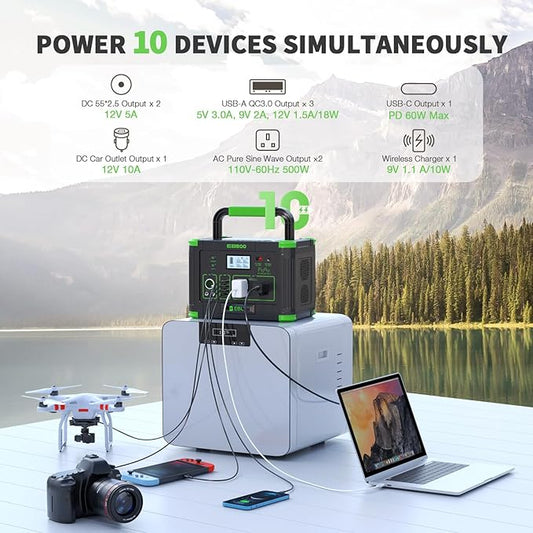 Portable Power Station EBL 500W, 519Wh Solar Generator with 2 AC 110V Outlets, USB-C PD 60W Fast Charging, 10 Ports including Wireless Charger for Camping RV Emergency Off-Grid Living (Peak 1000W)